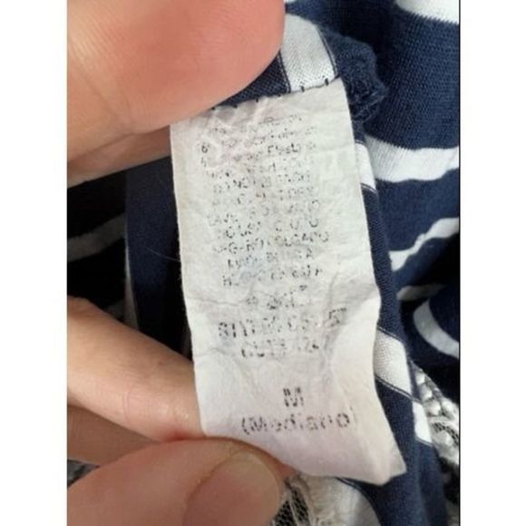 Loila Navy Blue White Striped Roll Tab Sleeve Crew Neck Lace Hem Dress M - Picture 8 of 12